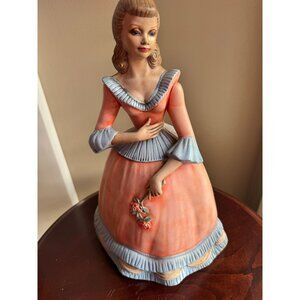 Vintage 14" Holland Mold Lady Figurine In Peach & Blue Dress Holding Flowers